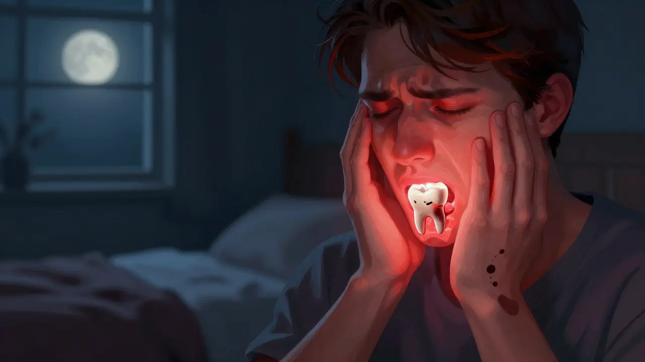 Muž drží tvář v bolesti v noci, z jeho předního zubu vychází červené záření, symbolizující zánět pulpy.
