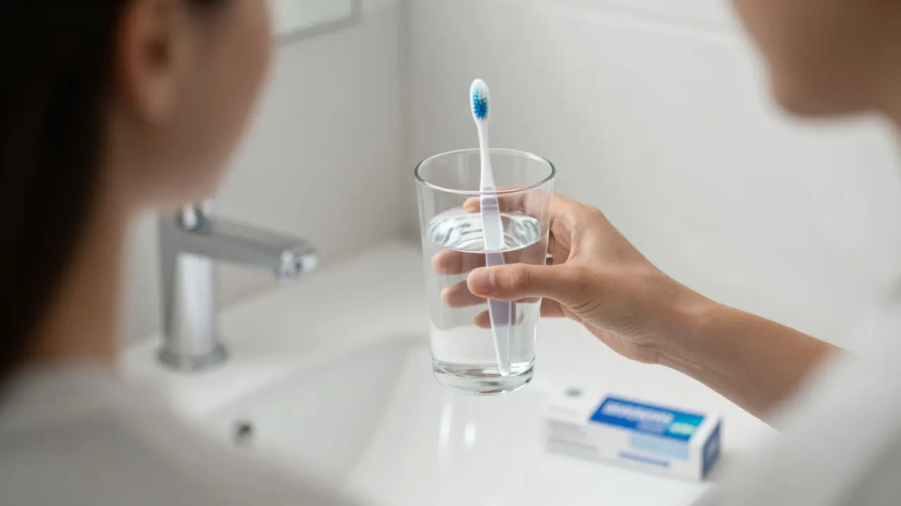 Osoba po bělení zubů pije vodu a vyhýbá se barvivým nápojům doma.