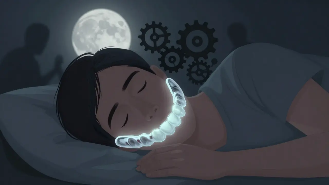 Osoba spí s nočním chráničem, symbolizujícím ochranu před škrábáním zubů.