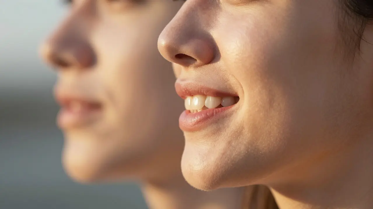 Přechod tváře od vyčerpaného vzhledu k plnému, zdravému vzhledu s protézou.