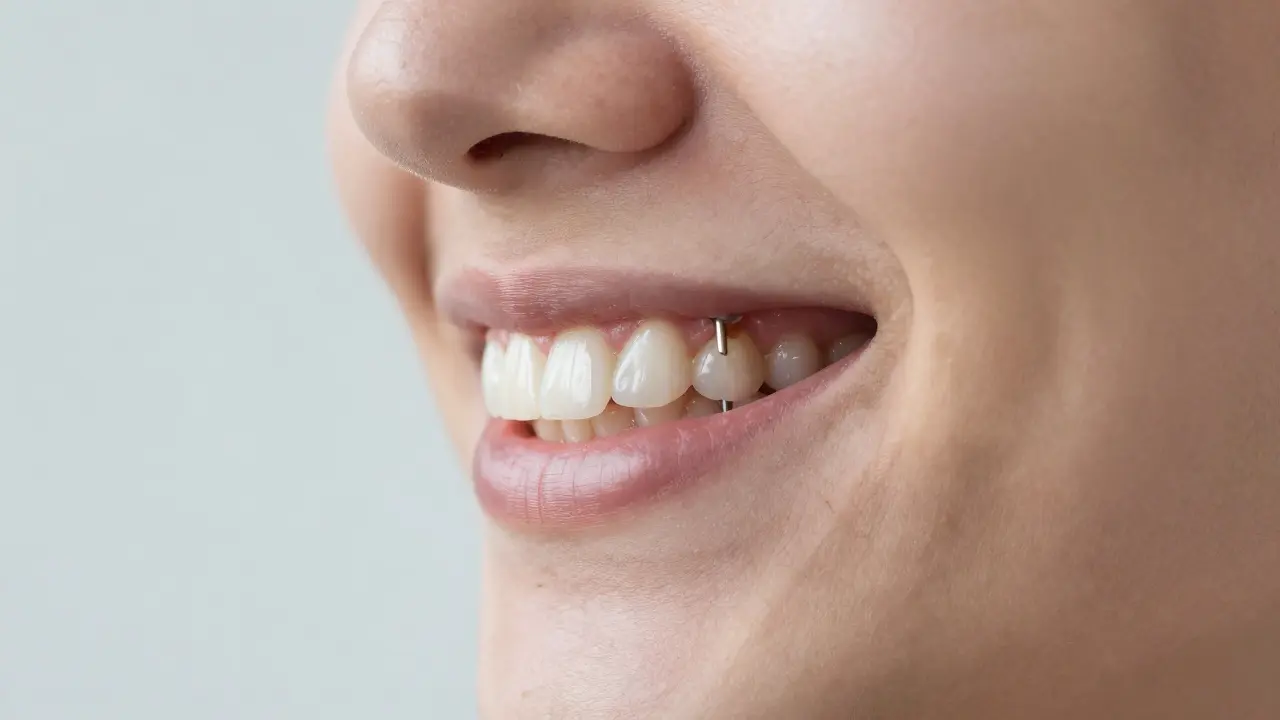 Přední zub s keramickou korunkou a skelným čepem, přirozeně sloučený s ostatními zuby.