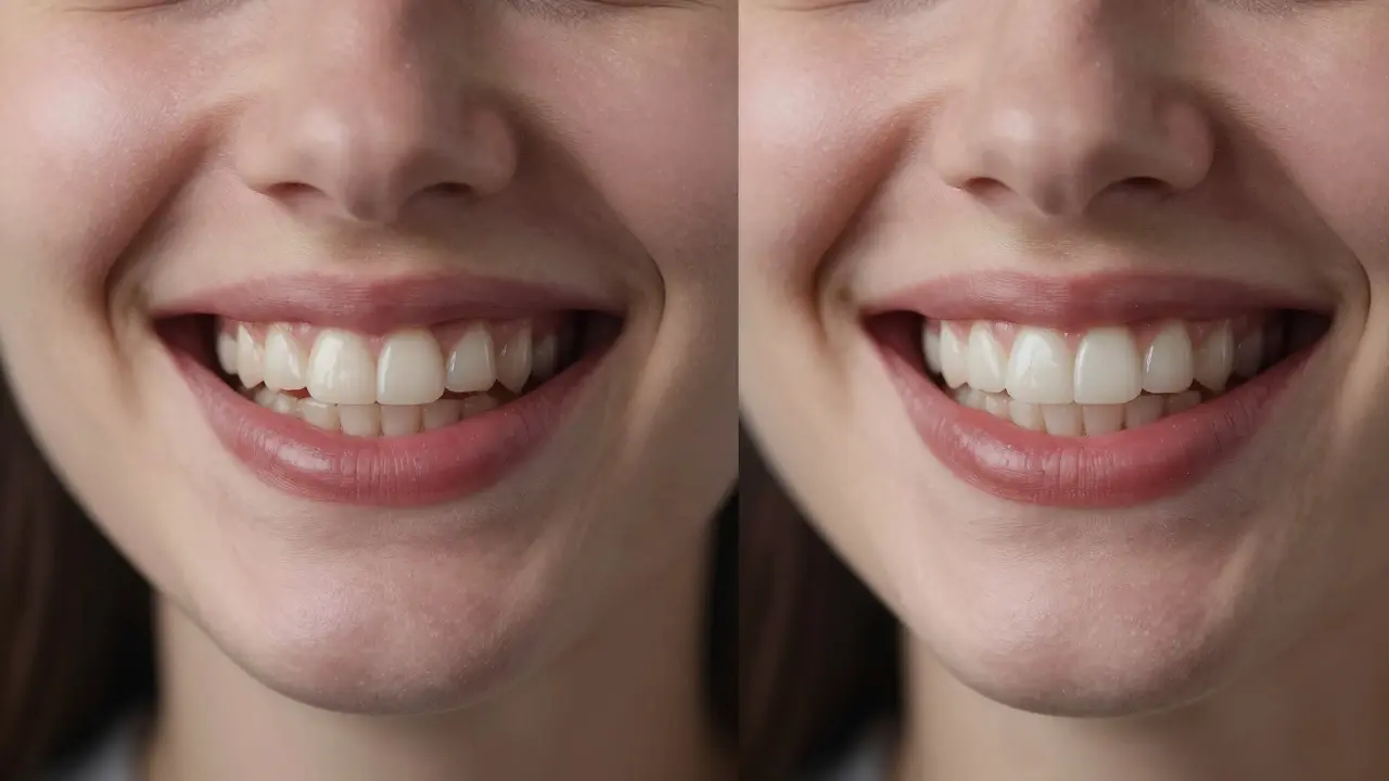 Side-by-side comparison of natural teeth and teeth with composite veneers.