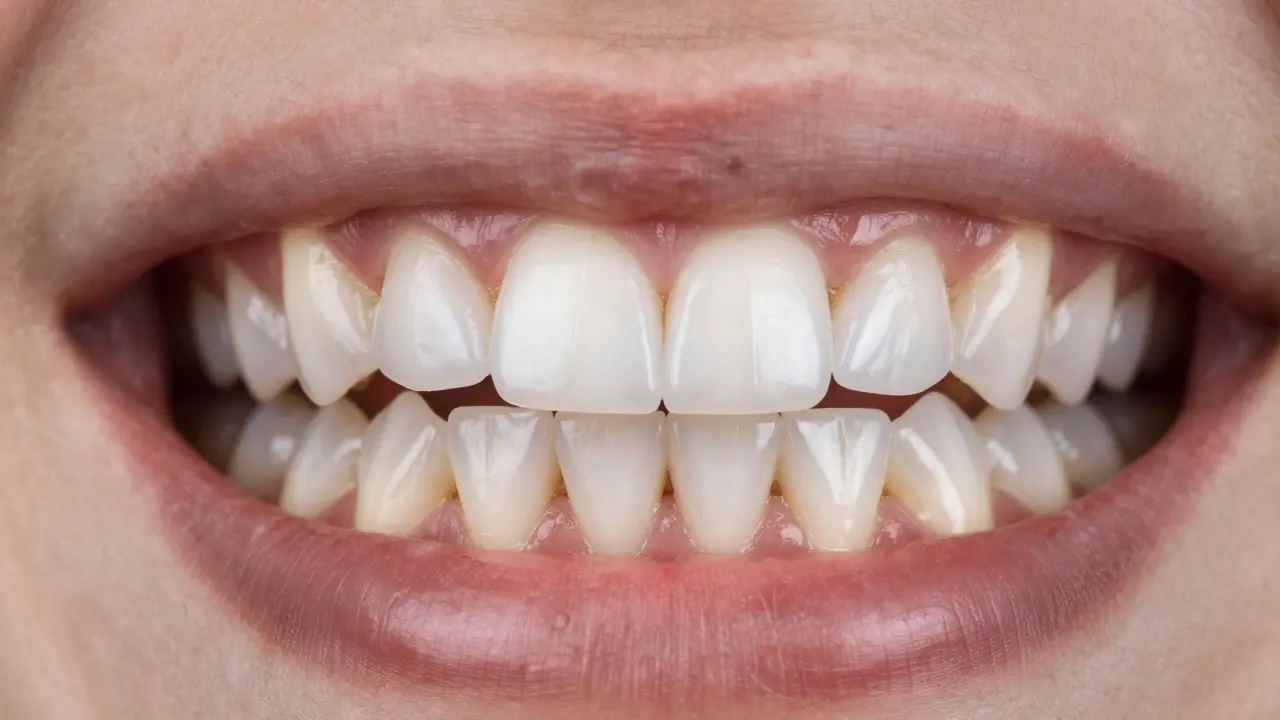 Side-by-side comparison of stained teeth versus naturally clean, bright teeth after airflow treatment.