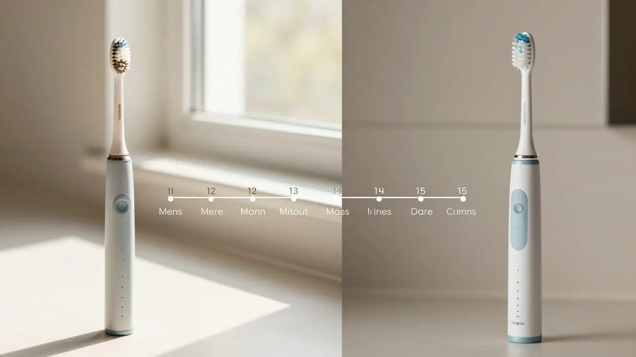 Srovnání opotřebovaného běžného elektrokartáčku a stále funkčního magnetického kartáčku po 12 měsících používání.