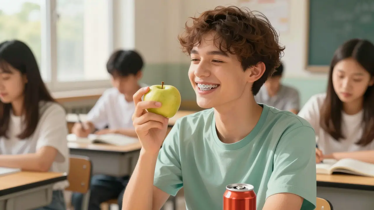 Teenager se směje s kamarády ve škole, nosí průhledná rovnátka a drží jablko a limonádu.