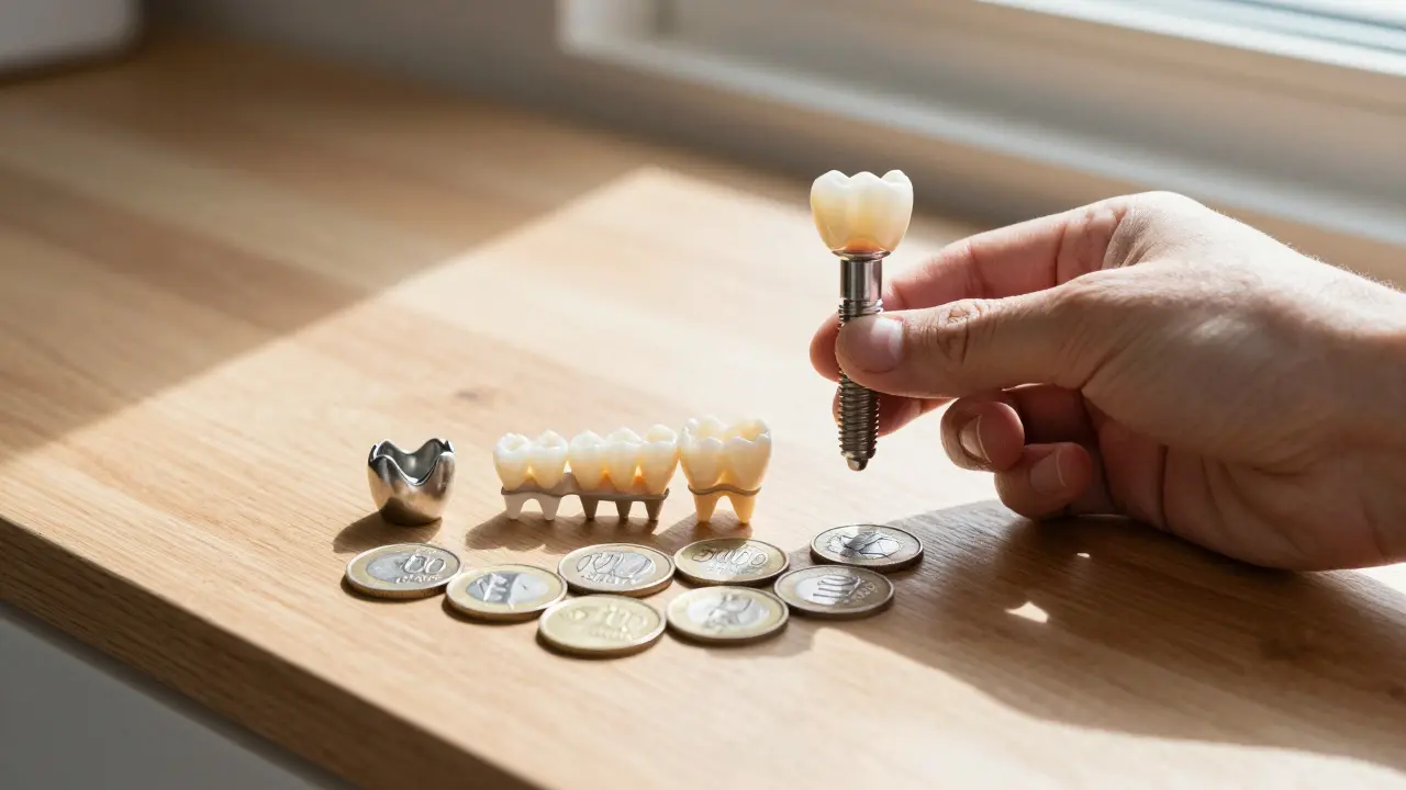 Three dental restoration options placed on a countertop with Czech koruna coins showing price differences.