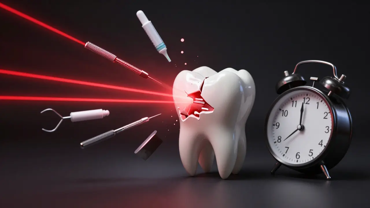 Trhlina v předním zubě s vlnou varování a zubními nástroji kolem.