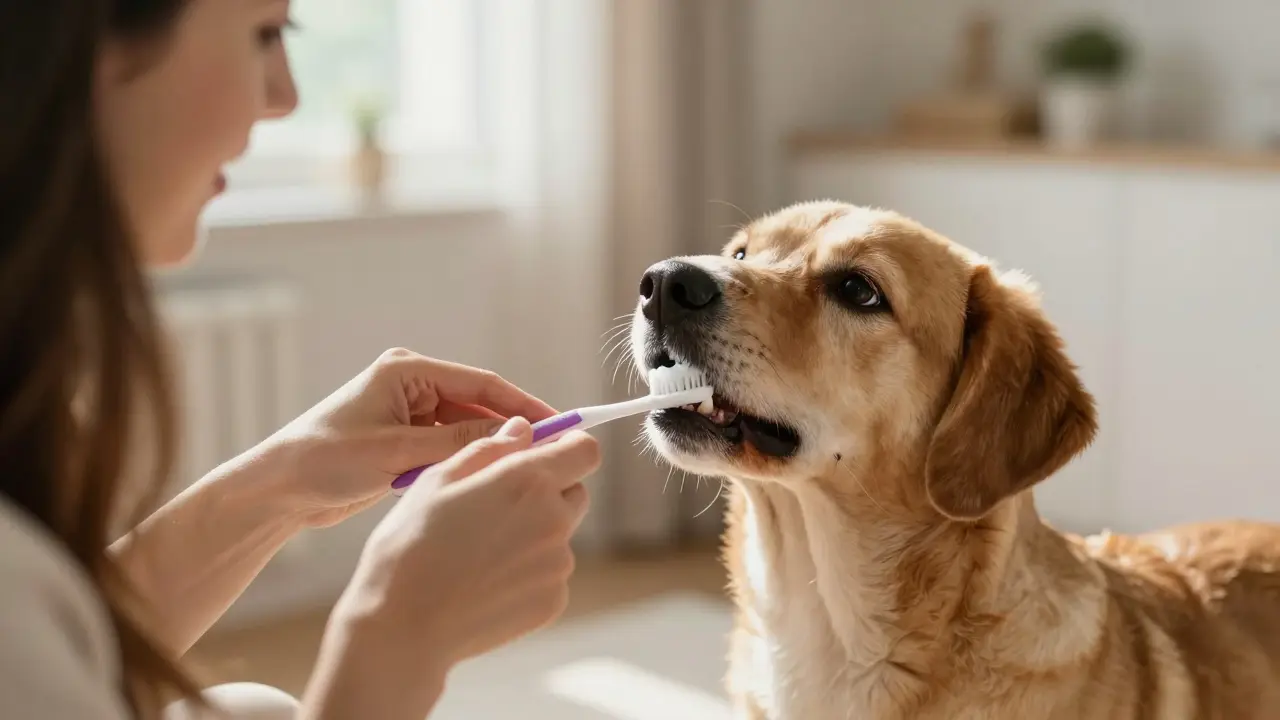 Vlastník čistí psu zuby zubní kartáčkem a pastou pro psy.