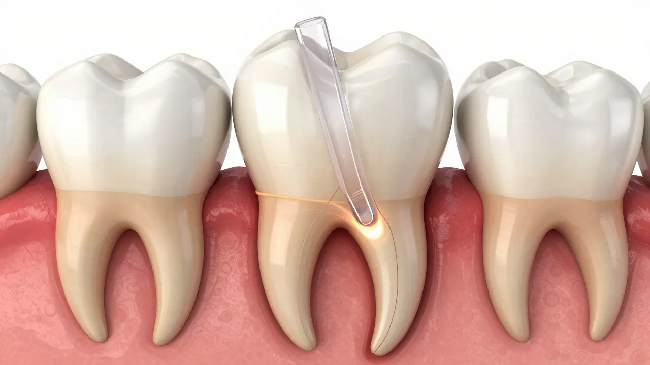 Vnitřní struktura zubu s skelným čepem a rozložením zatížení do kořene.
