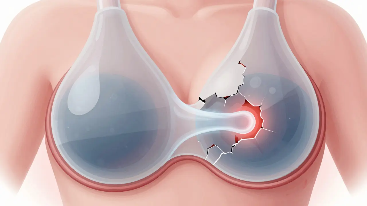 Vnitřní výplň silikonového implantátu uniká do okolní tkáně.