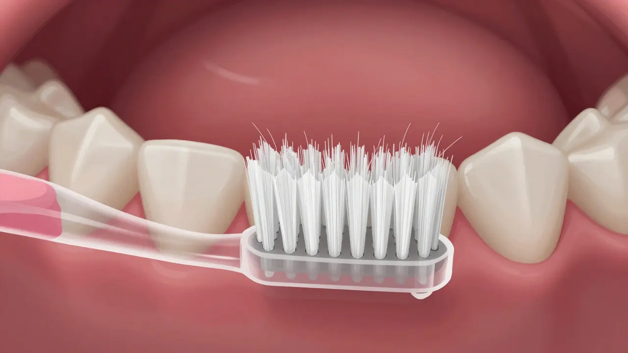 Zánětlivé dásně s překryvem deformované hlavice kartáčku, ukazující neefektivní čištění.