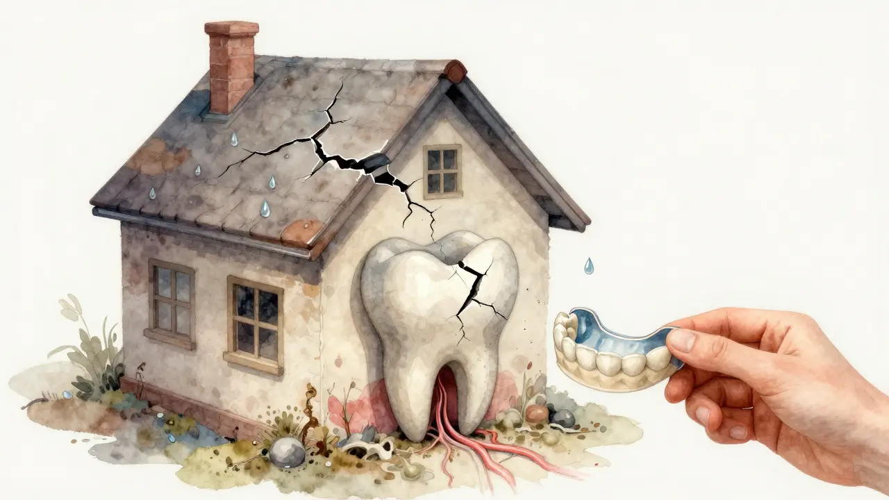 Zub jako zničený dům, kde praskliny připomínají štěrbiny ve stěnách a voda proniká dovnitř.