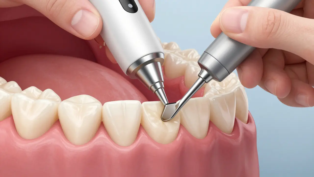 Zubní lékař odstraňuje kámen pod dásní ultrazvukem