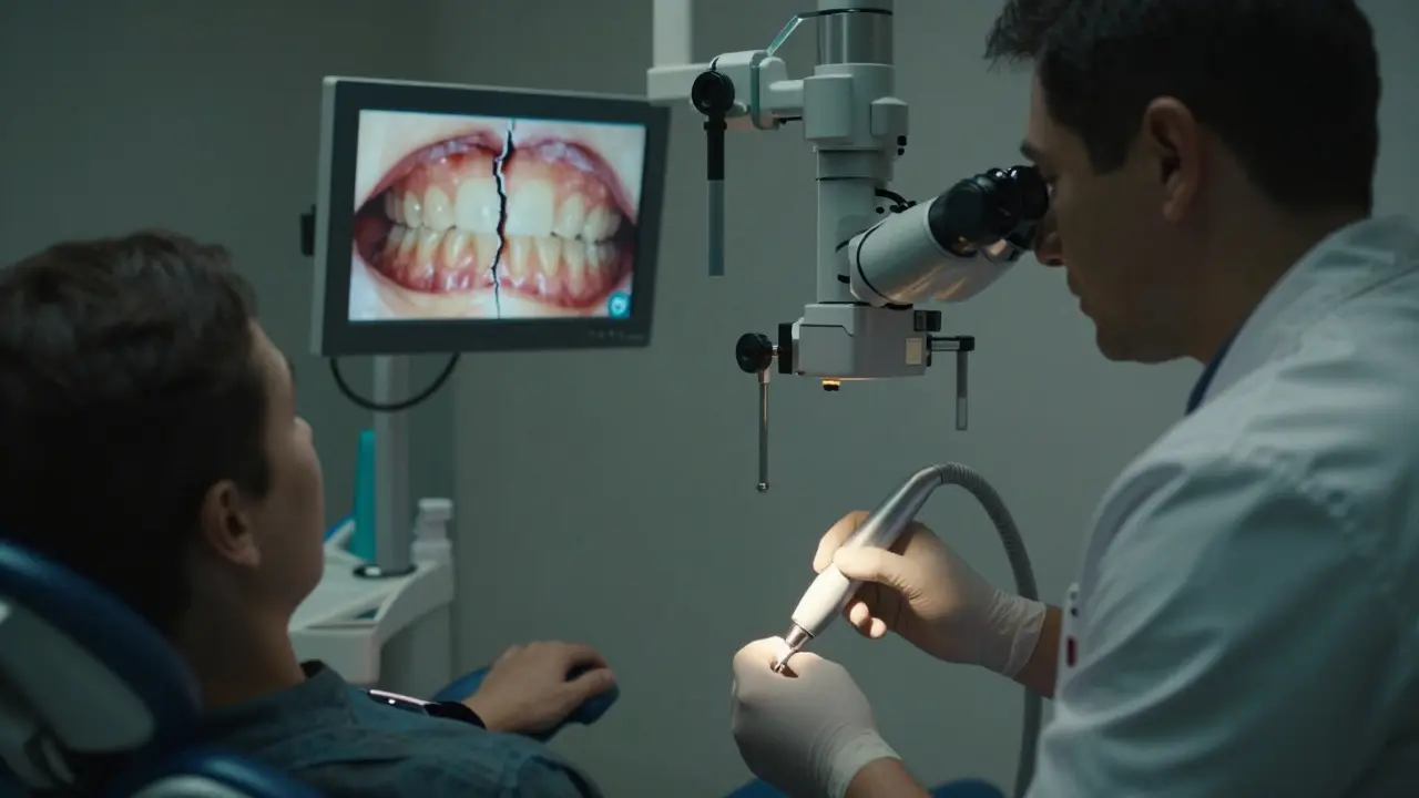 Zubní lékař prohlíží zub pomocí mikroskopu, na obrazovce je vidět hluboká trhlina.