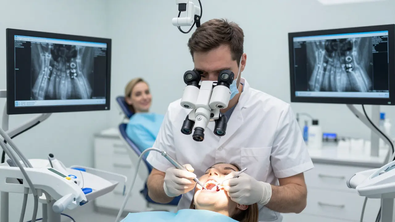 Zubní lékař provádí kořenové ošetření předního zubu pod mikroskopem ve moderní zubní klinice v Brně.