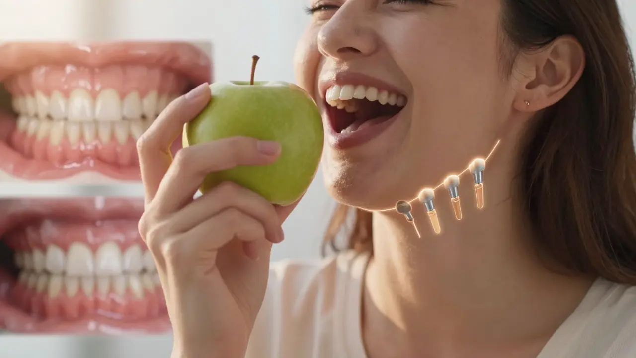 Člověk jí svačinu a směje se, s jemným zářivým výrazem, který symbolizuje skryté implantáty pod čelistí.