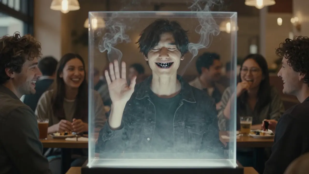 Člověk v sociální situaci s černými zuby, obklopený průhlednou bariérou, která ho izoluje od ostatních.