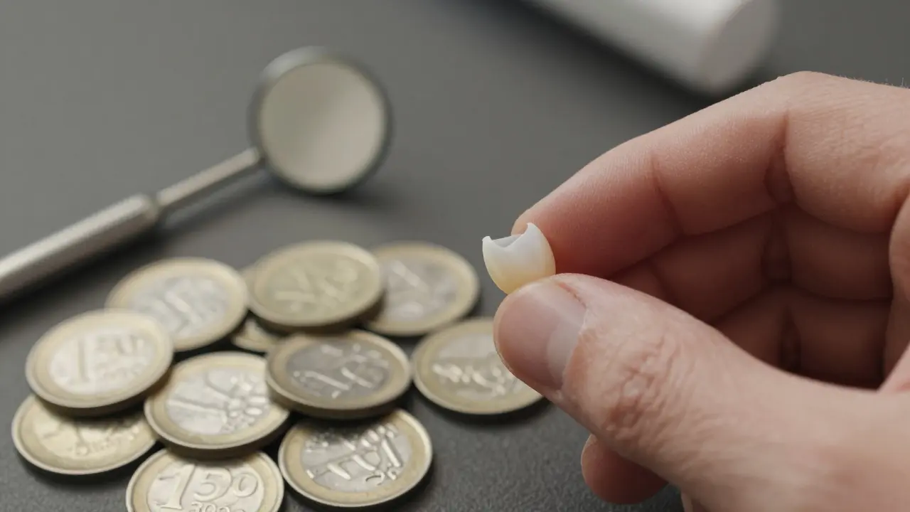 Composite veneer next to Czech koruna coins with dental tools in background.