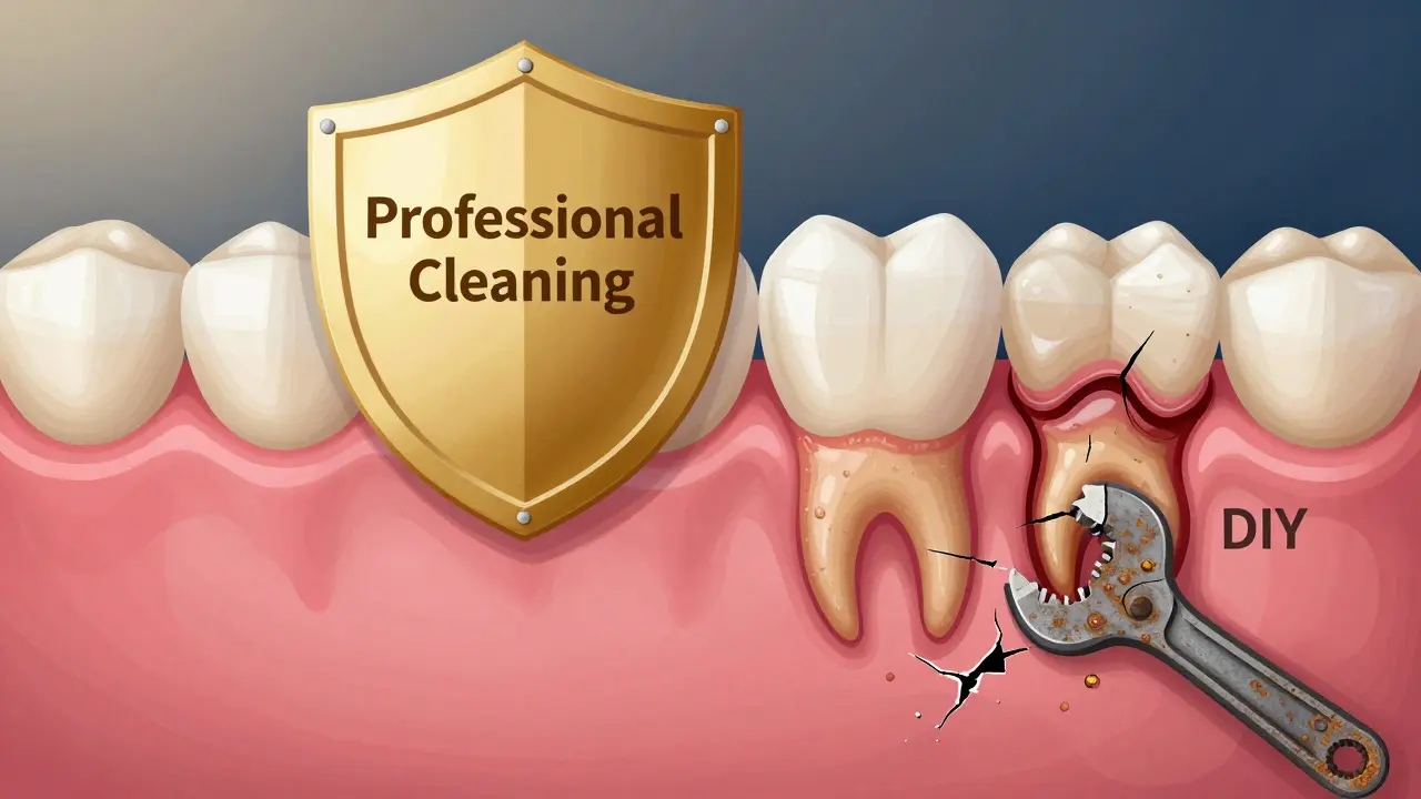 Contrast between healthy gums and inflamed gums caused by untreated dental tartar.