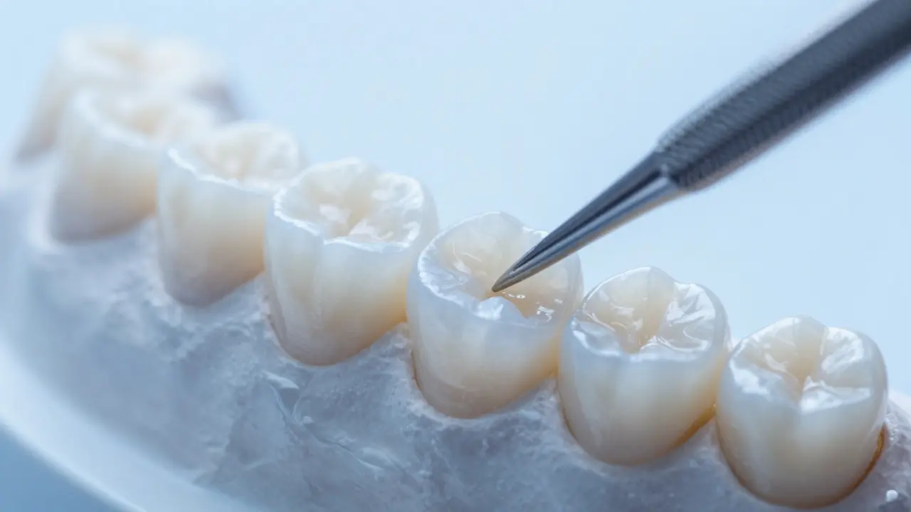 Detail aplikace kompozitní fazety na zubní model