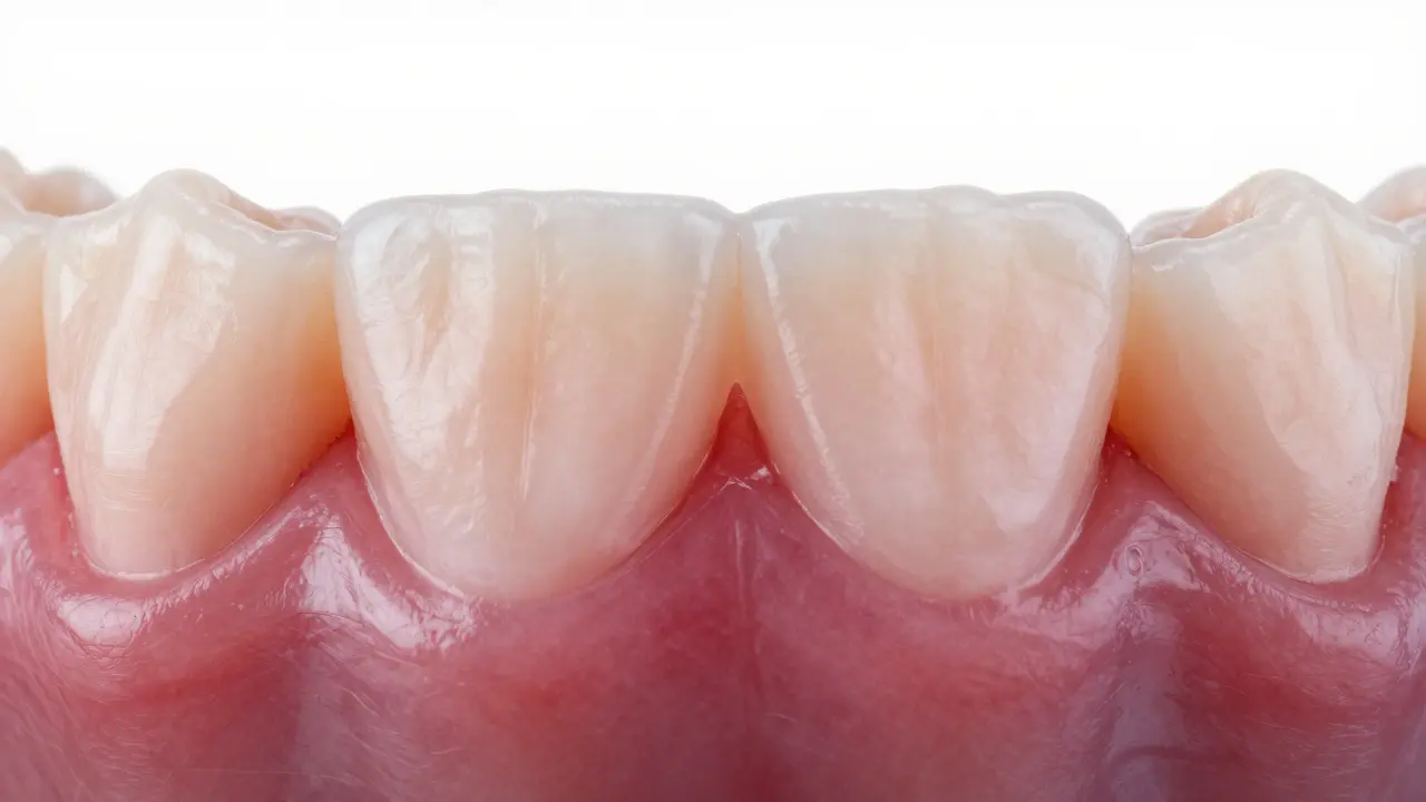 Detail dásní ukazující rozdíly mezi zdravou a zanícenou tkání