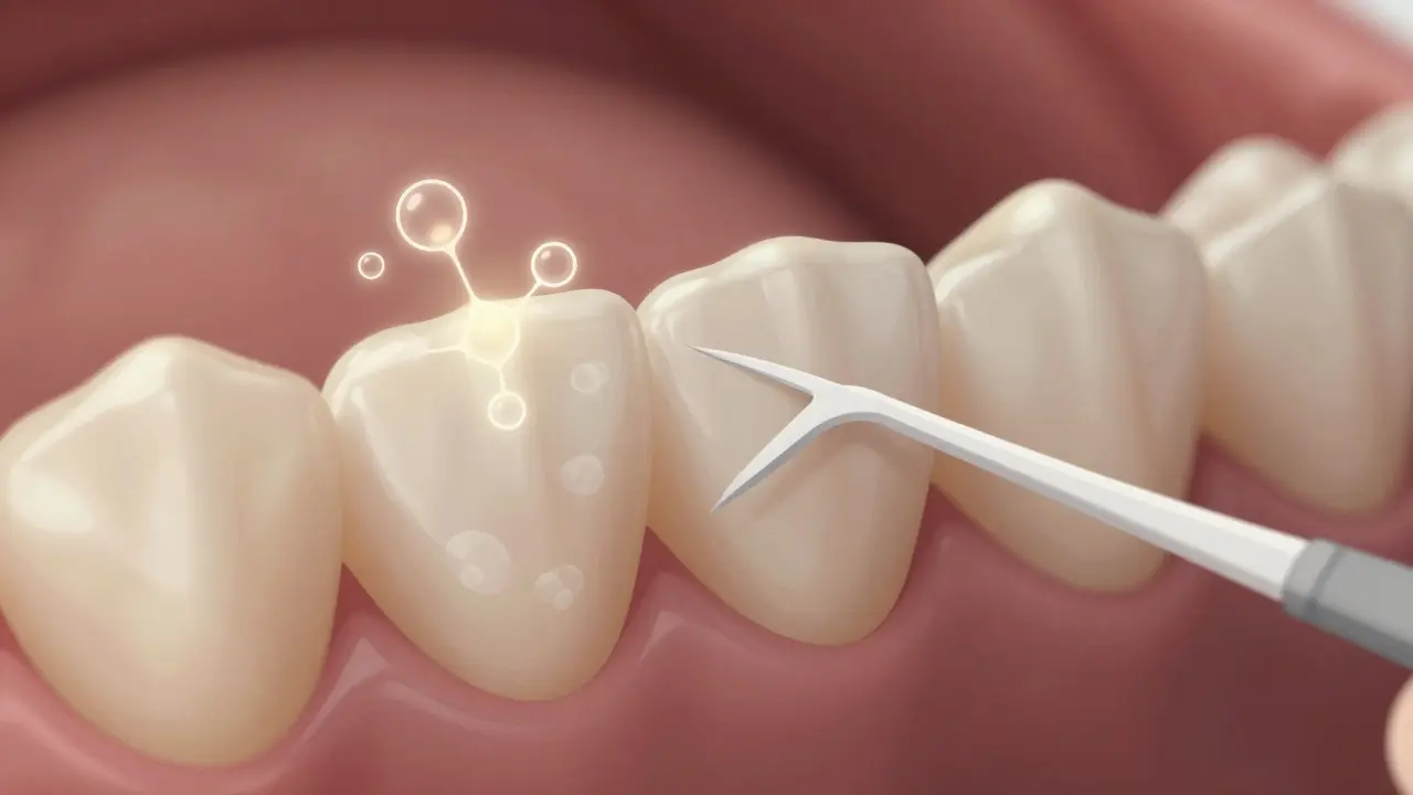 Detail zubu s počínajícím karem jako jemnými bílými skvrnami u dásně.