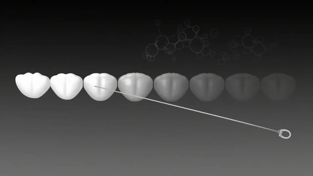 Gumičky ztrácí sílu během 12 hodin — vizuální reprezentace napětí a uvolnění.