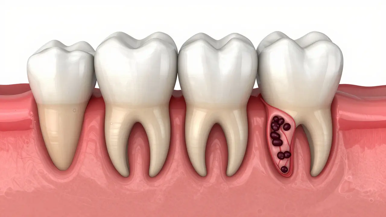 Ilustrace zanícených dásní a bakterií v parodontálních kapsách.