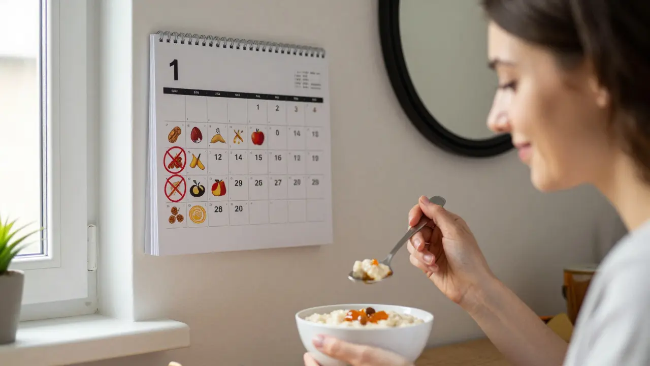 Kalendář s označenými prvními pěti dny po výměně zubu a zakázanými potravinami na pozadí.