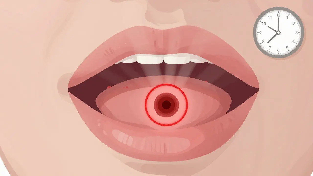 Koncepční ilustrace ústní dutiny s skrytým nádorem pod jazykem a časovou osou ukazující 14 dní bez zahojení.