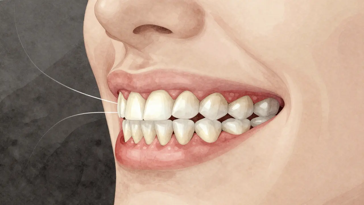 Křížový řez čelisti ukazující postupné zarovnání zubů a změnu tvářové struktury.
