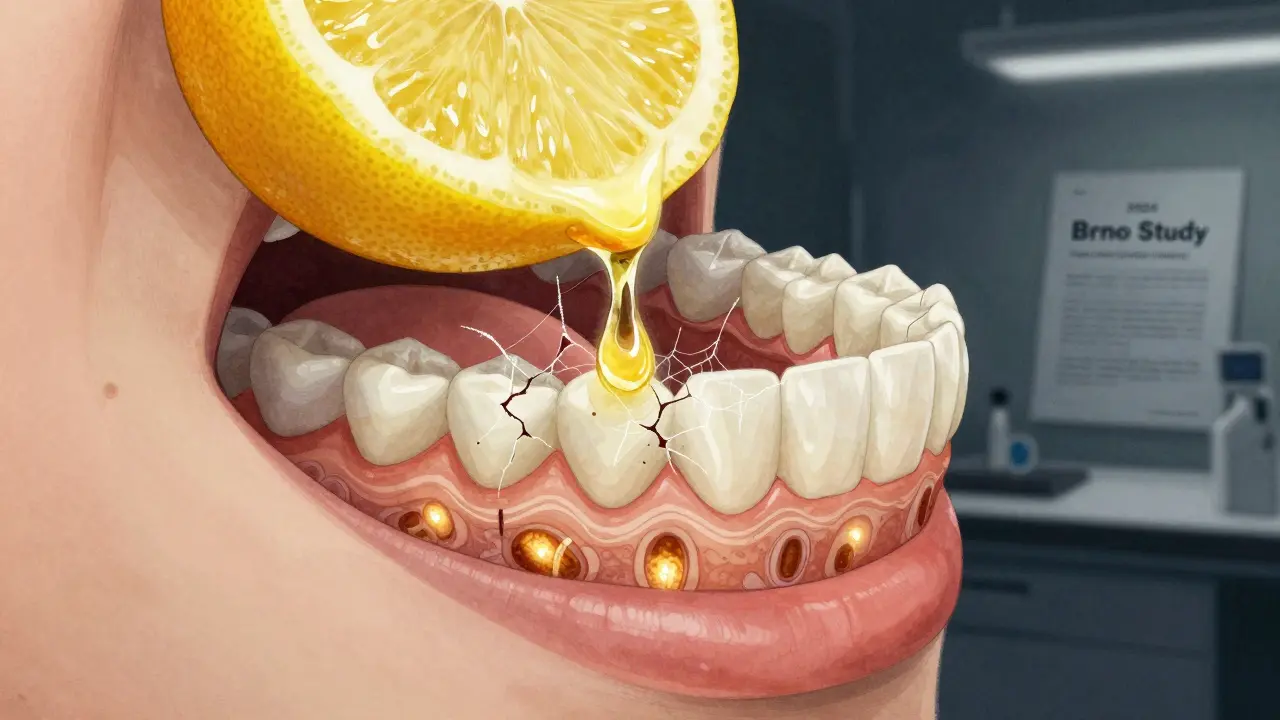 Kyselá šťáva eroduje sklovinku zubu, kde pronikají bakterie do dentinu.