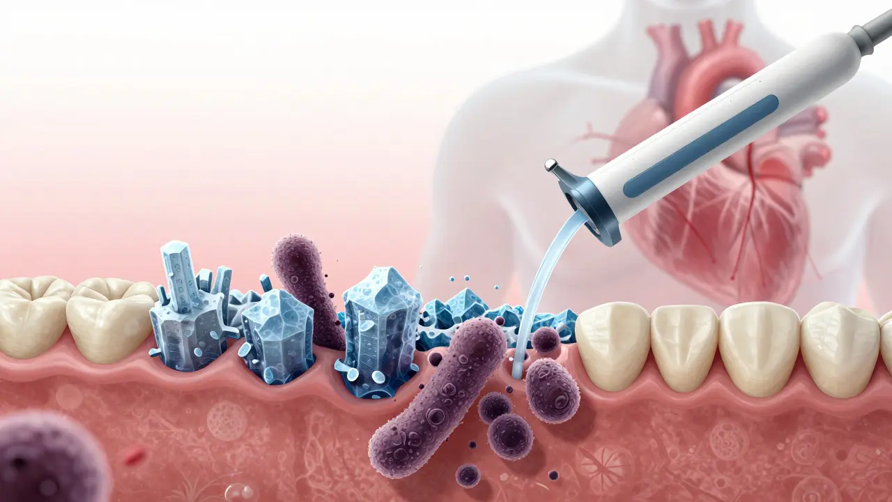Mikroskopický pohled na bakterie a zubní kámen, který ovlivňuje celkové zdraví těla.