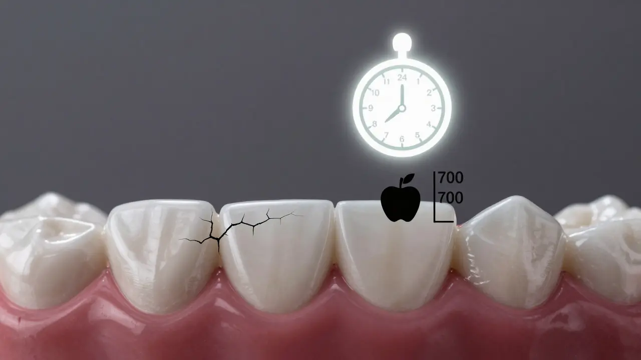 Mikroskopický pohled na céramickou fazetu s vznikajícími mikrotrhlinami při tlaku při žvýkání.