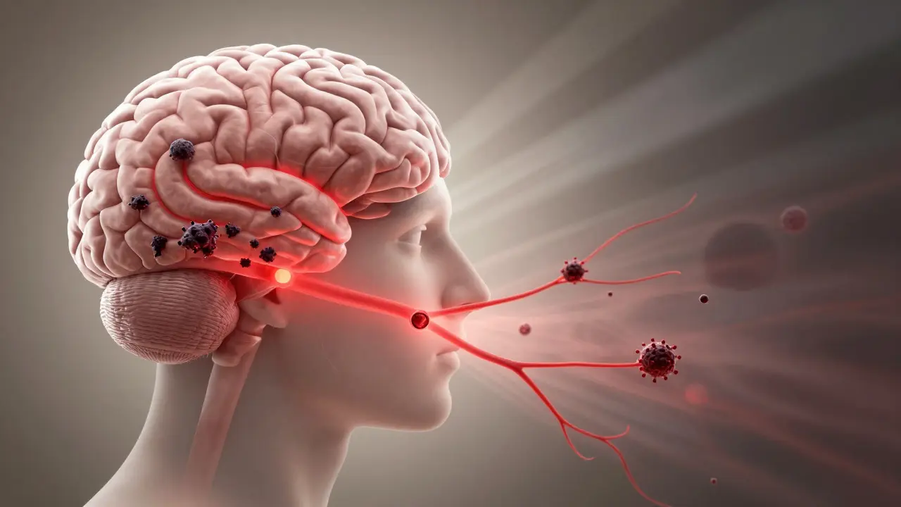 Mozek s inflamatorickými signály šířícími se z černého zubního kamene do mozkové kůry.