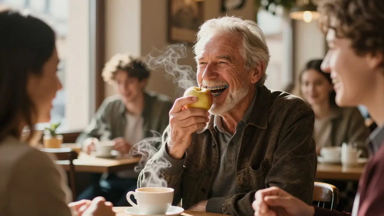 Muž v sedmdesátých letech se směje, když jí jablko s klasickými kovovými fazetami.