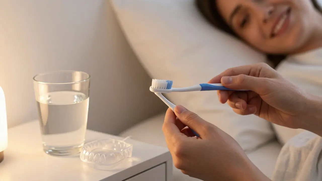 Osoba aplikuje fluoridový gel na citlivé přední zuby před spaním s měkkým kartáčkem a noční ochrannou destičkou.