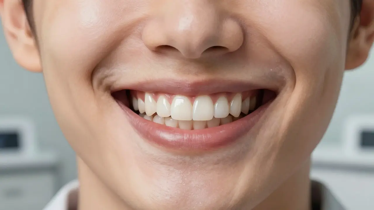 Person smiling with natural-looking porcelain veneers on front teeth, glowing with realistic light reflection.