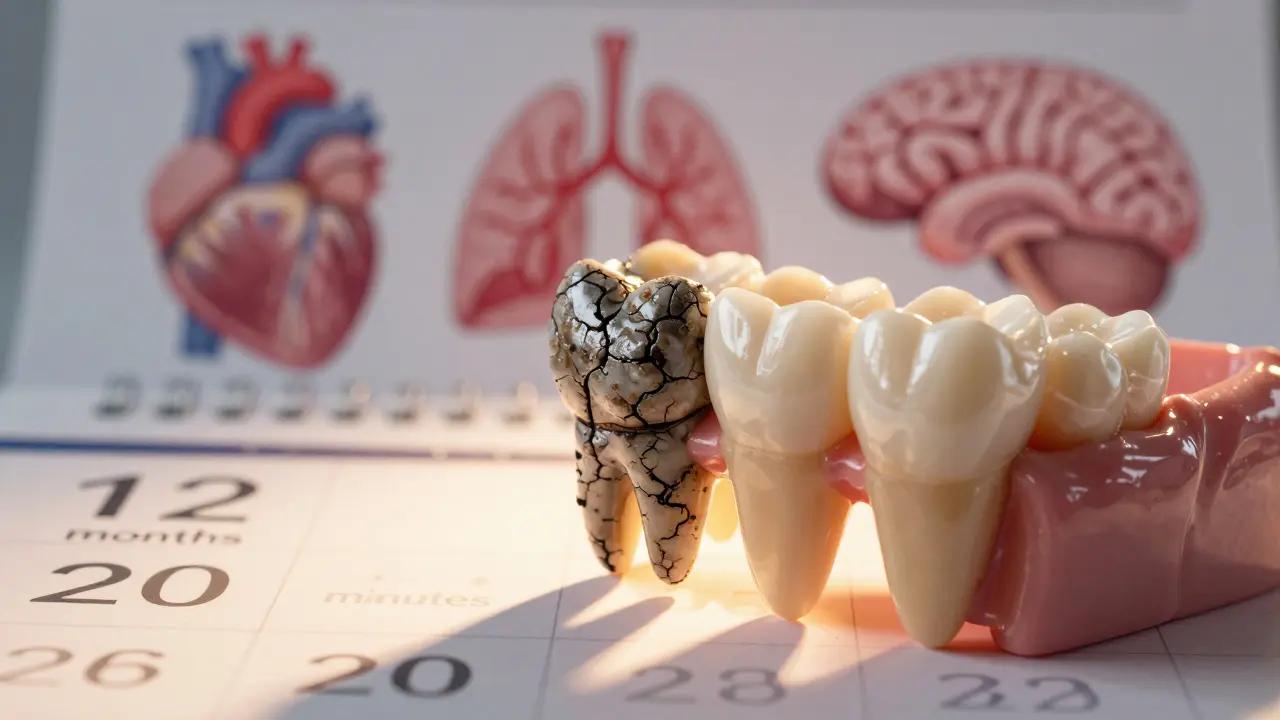 Porovnání zubu s kamenem a bez něj, symbolizující vliv čistoty na celkové zdraví.