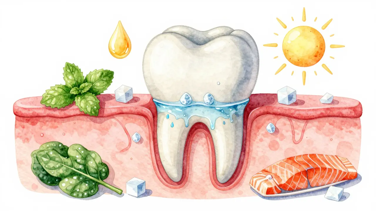 Příčný řez zubem s mikroskopickými trubičkami a přirozenými látkami, které pomáhají obnovit zubní sklovinu.
