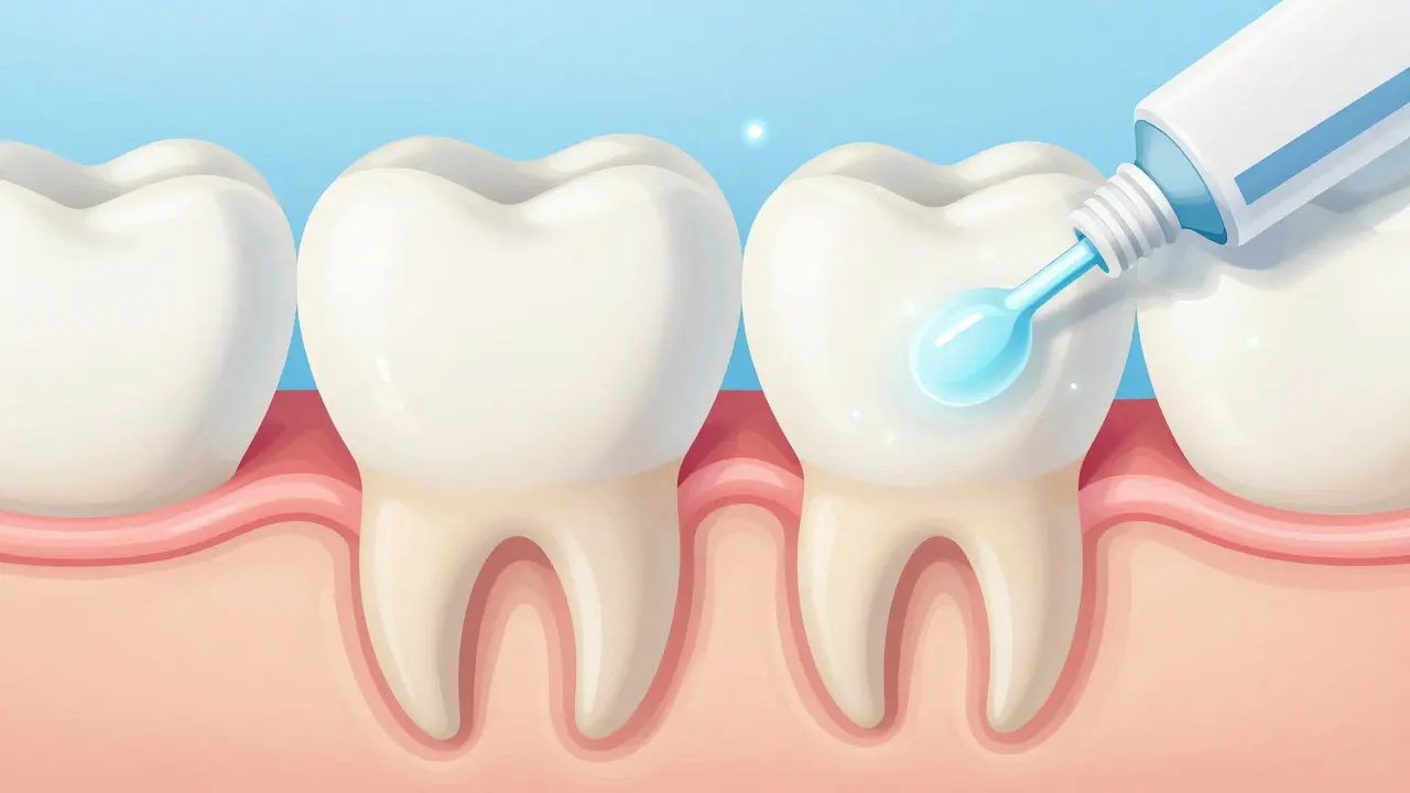 Příčný řez zubem s uzavřenými mikrokanálky a léčivými částicemi, symbolizující léčbu citlivosti.