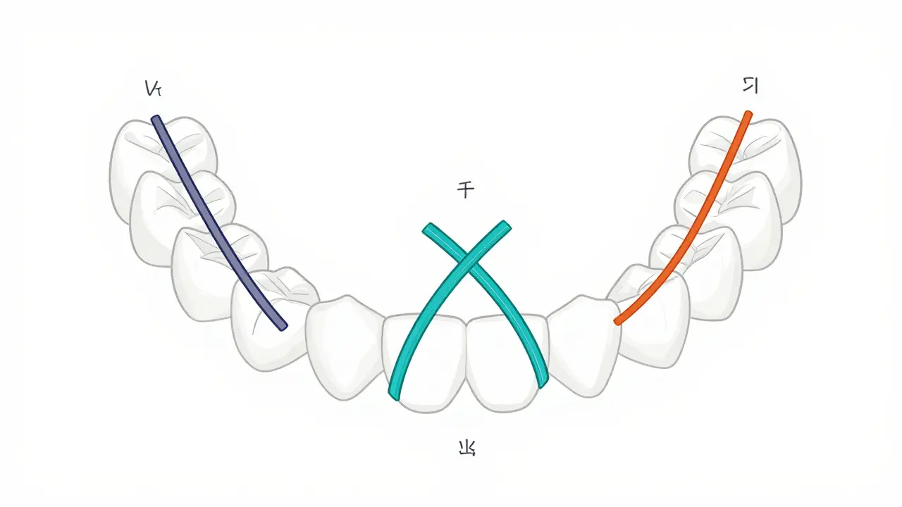 Různé konfigurace gumiček na zubech s vyznačenými funkcemi.