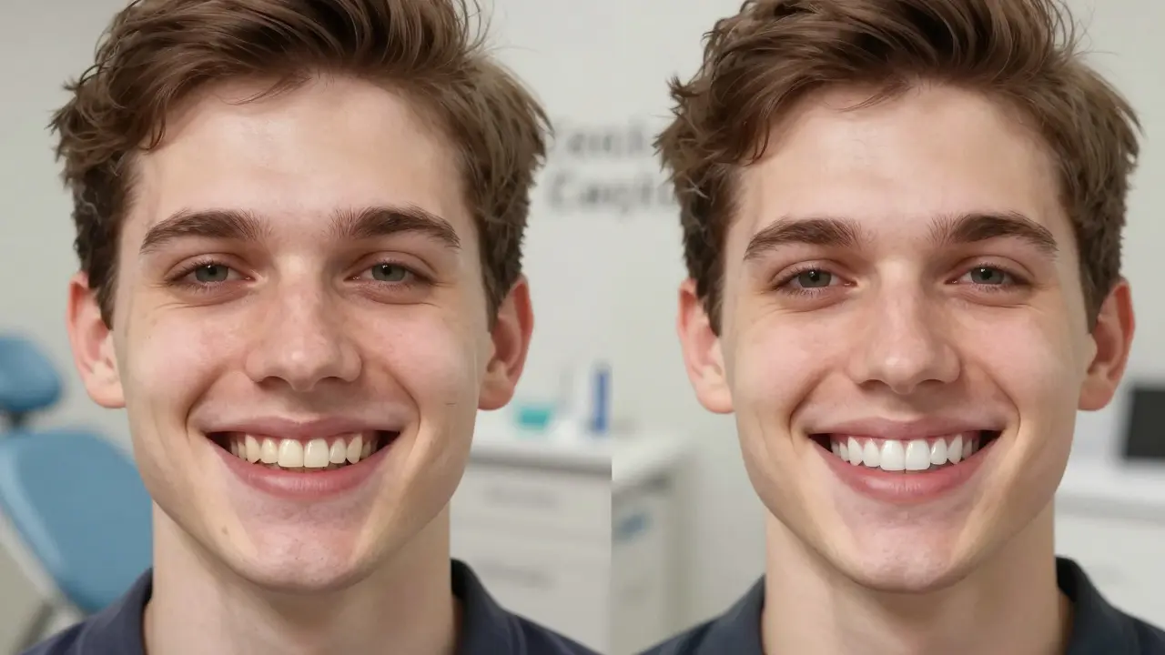 Side-by-side comparison of a person's smile before and after composite veneers.