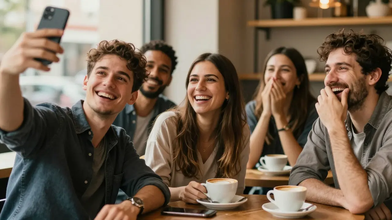 Skupina lidí se směje v kavárně s přirozenými, překrásnými úsměvy po estetických úpravách.
