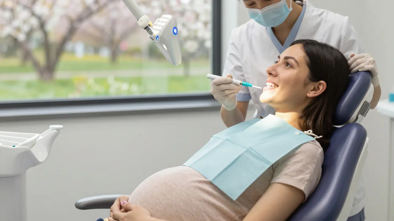 Těhotná žena dostává fluoridovou aplikaci u zubaře s ochranným plátnem.