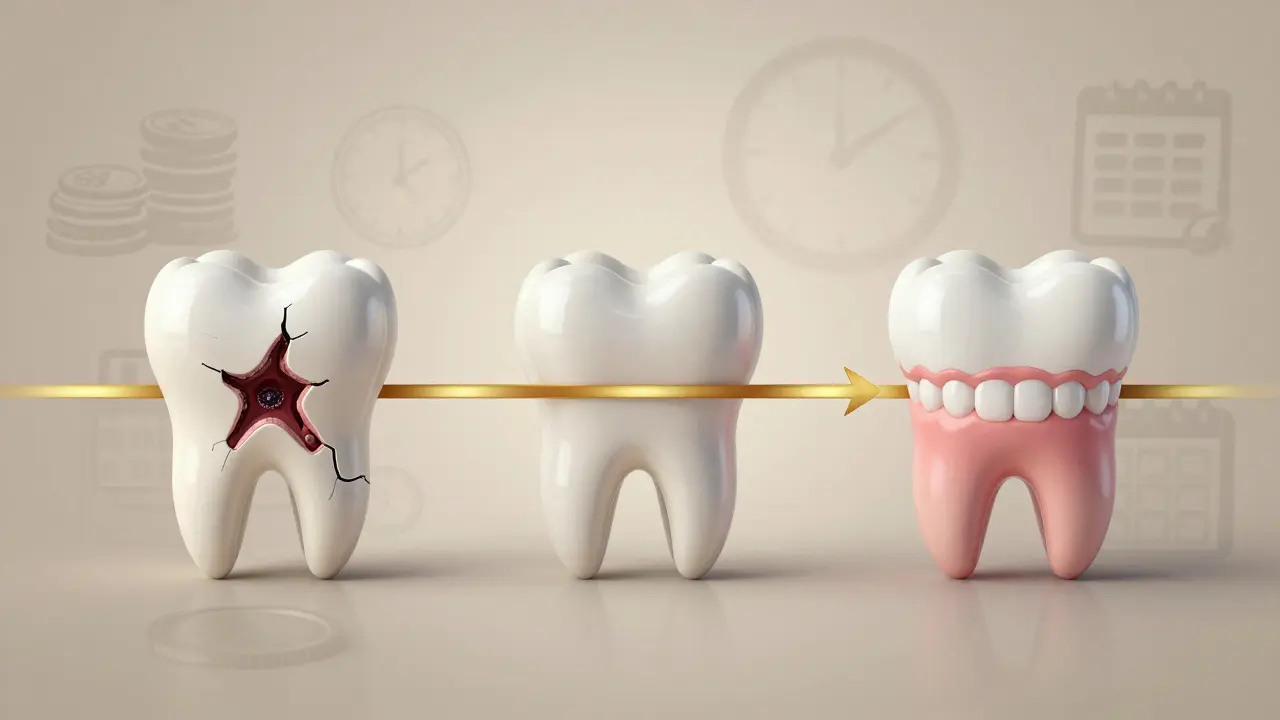 Timeline showing dental damage, composite repair, and healthy smile as a health investment.