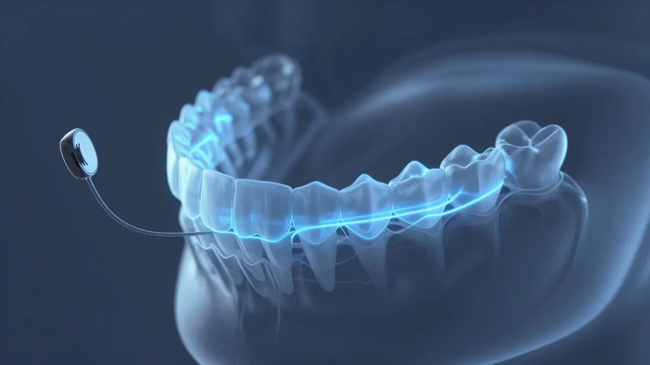 Transparent jaw with glowing tooth movement paths and a retainer, symbolizing long-term alignment maintenance.