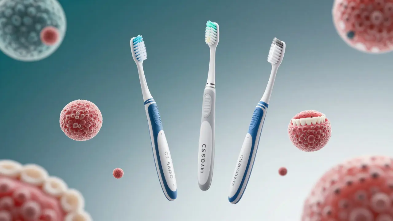 Tři modely Curaprox kartáčků s viditelnými různými tloušťkami štětin