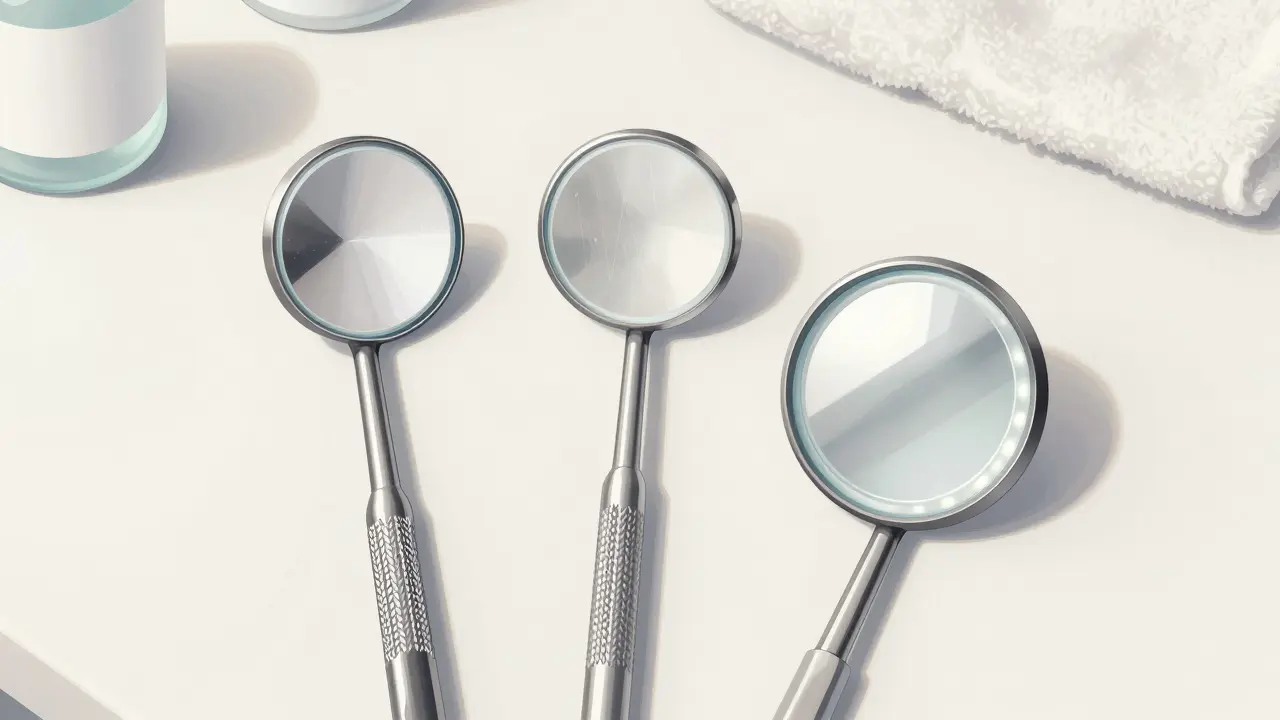 Tři typy dentálních zrcátek: kovové, plastové a s LED osvětlením na stole.