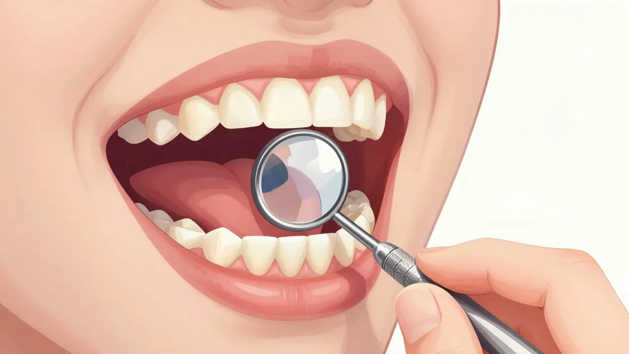 Uživatel provádí prohlídku ústní dutiny pomocí dentálního zrcadla